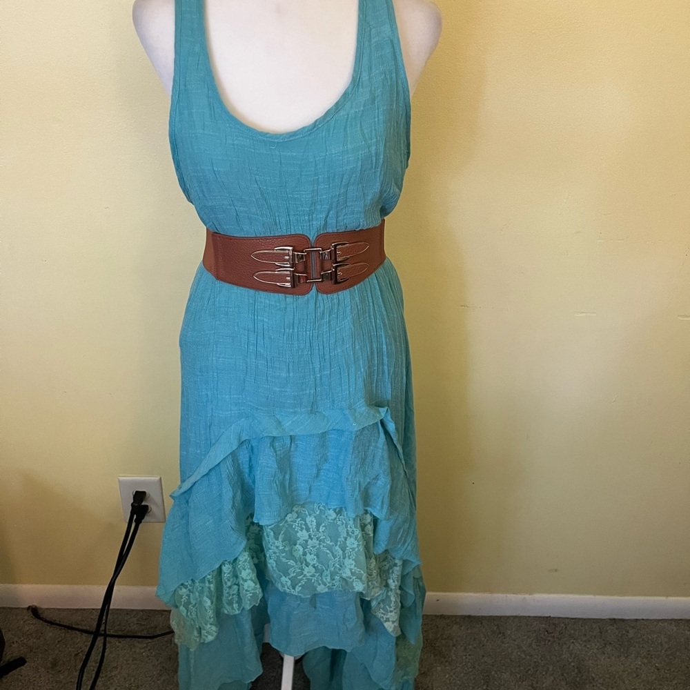 Modern Vintage Boutique Sleeveless Teal Dress with Brown Belt Size Large